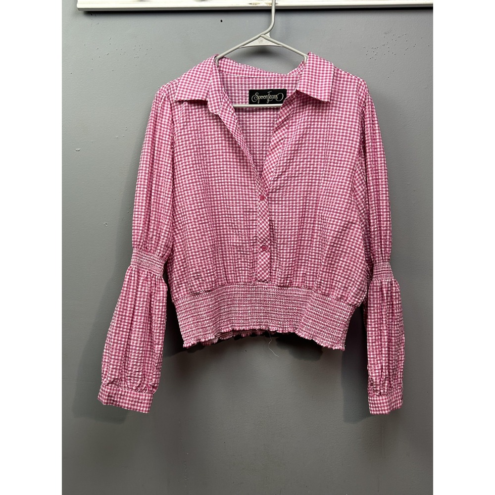 Spoon Jeans Shirt Womens‎ 2X Pink Gingham Check Smocked Hem Balloon Sleeve Top